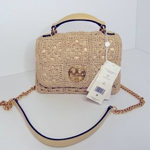 Tory Burch Willa Crochet mini top handle and chain strap bag. NWT Natural Color